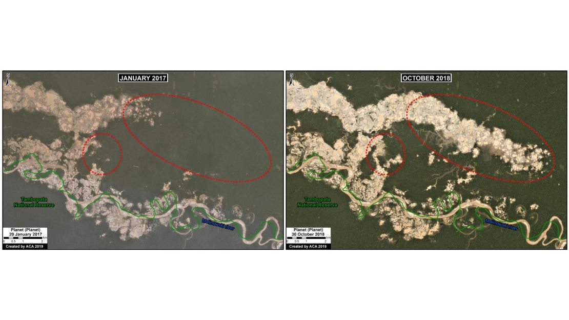 Satellite imagery provided by MAAP shows the growing damage that gold mining has caused between 2017, left, and 2018 in the La Pampa region of Peru.