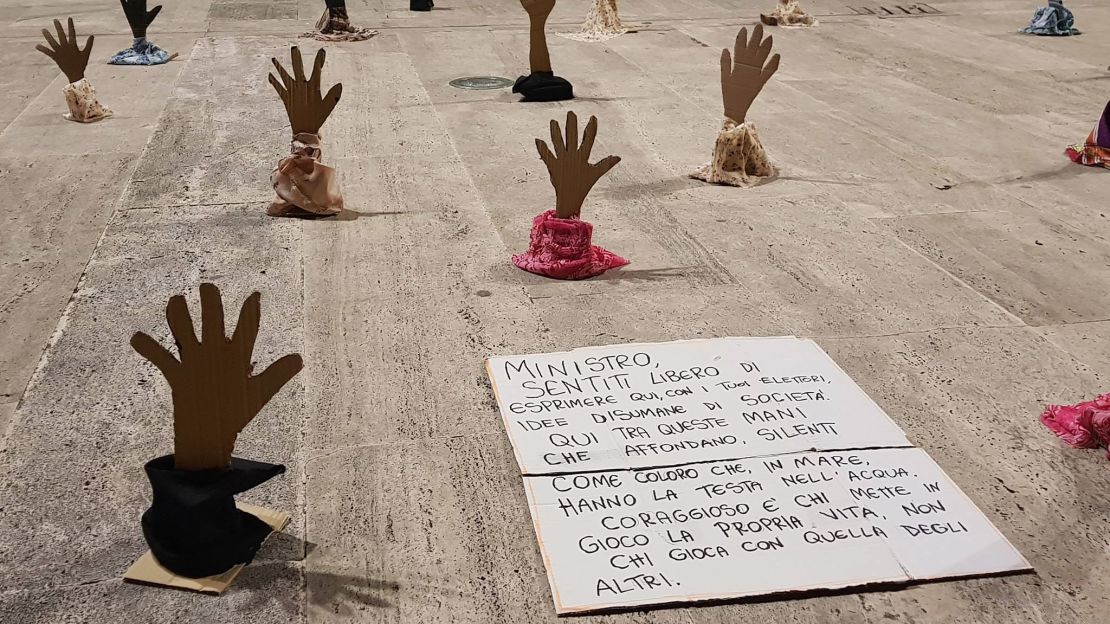 The hands are a reminder of the migrants and refugees who died while crossing the Mediterranean Sea.