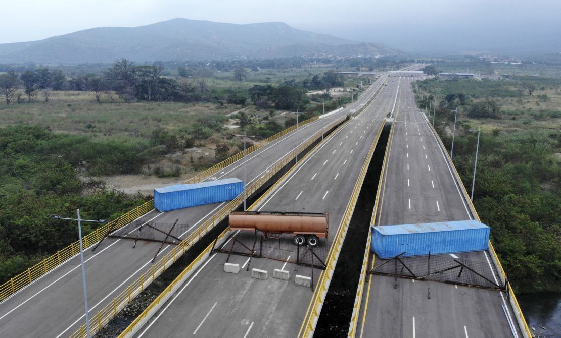 An aerial view of the Tienditas Bridge, on the border between Cucuta, Colombia and Tachira, Venezuela, after it was blocked with containers.