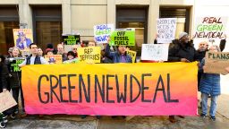 BROOKLYN, NY, UNITED STATES - 2019/02/04: Demonstrators seen holding a huge banner saying, green new deal during the protest.
350.org, Food & Water Watch and other groups organized a protest to encourage U.S. Representative Hakeem Jeffries (D-NY) to support the Green New Deal. Protest was held in front of the Hanson Place office building in Brooklyn, NY. (Photo by Michael Brochstein/SOPA Images/LightRocket via Getty Images)