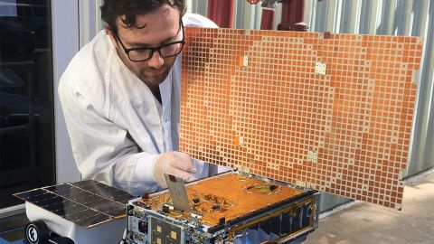 This is one of the MarCO spacecraft that followed InSight to Mars, a suitcase-sized CubeSat that helped communicate the successful landing of InSight with NASA. 