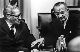 Thurgood Marshall in discussion with President Lyndon Baines Johnson following Marshall's appointment as a member of the Supreme Court.