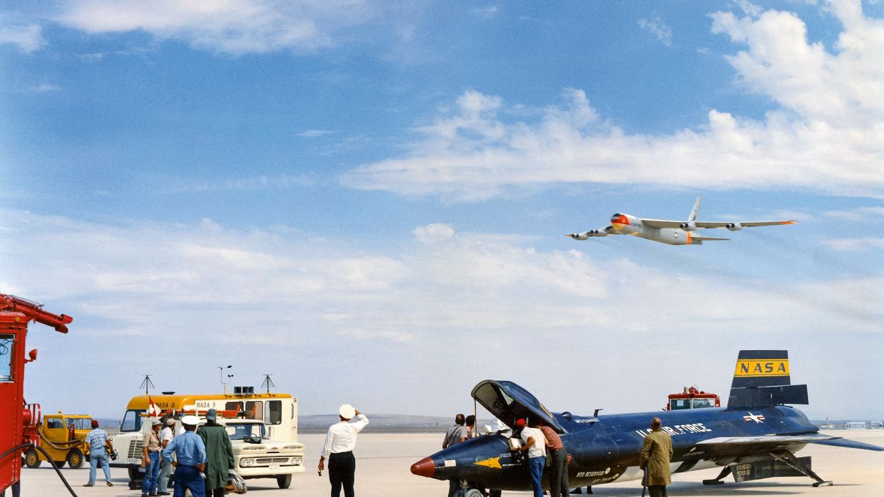 Flight 2-17-33, piloted by Bob White on June 23, 1961, was the first Mach 5 excursion by any piloted aircraft. Balls Three is overhead.. (NASA DFRC)
