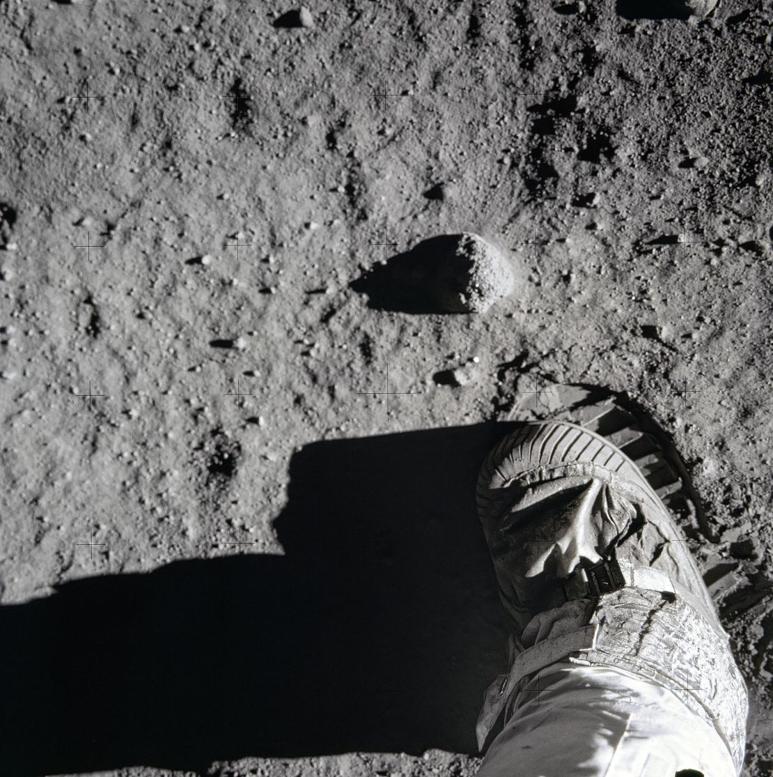 Buzz Aldrin's foot on the moon. It's likely that the footprint is still intact, because the moon has no atmosphere or rain to erode it.