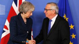 BRUSSELS, BELGIUM - FEBRUARY 07:  President of the European Commission, Jean-Claude Juncker receives Ms Theresa May, Prime Minister of the United Kingdom in the VIP corner of The Berlaymont, the headquarters of the European Commission on February 7, 2019 in Brussels, Belgium.  (Photo by Dean Mouhtaropoulos/Getty Images)