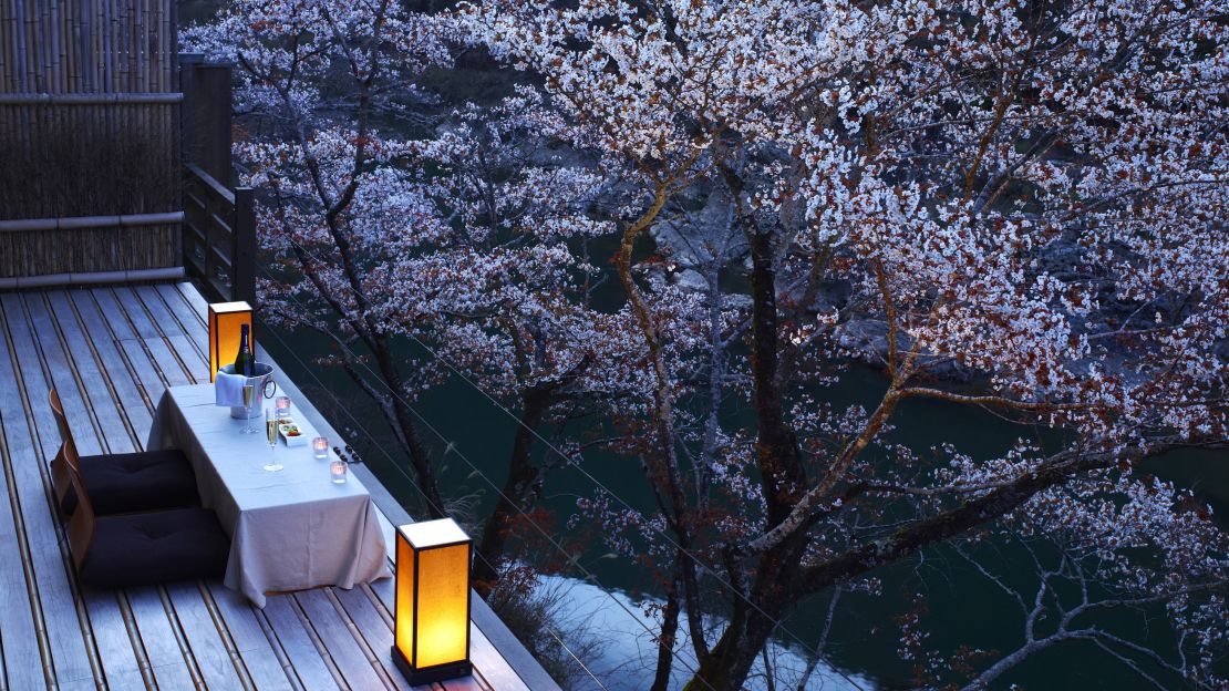 Cherry blossoms provide a delicate canopy for peaceful evenings in Kyoto.