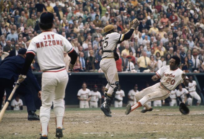 Robinson slides into home during the 1971 World Series against Pittsburgh. The Orioles, who defeated the Reds in the 1970 World Series, lost this time around.