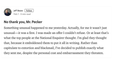 In an explosive tell-all blog post published Thursday afternoon, Jeff Bezos accused the publisher of the National Enquirer of trying to extort him.