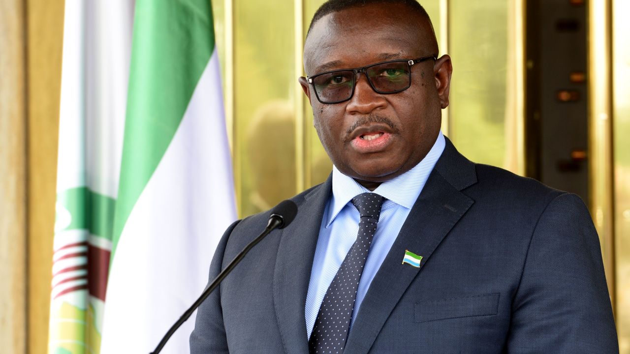 A file photo of President Julius Maada Bio of Sierra Leone attending a press conference on May 4, 2018.       