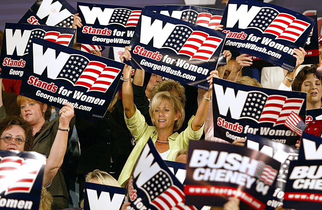 Women cheer on US President George W. Bush as he arrives to deliver remarks on September 17, 2004, during a "Focus On Women's Issues" event in Charlotte, North Carolina.