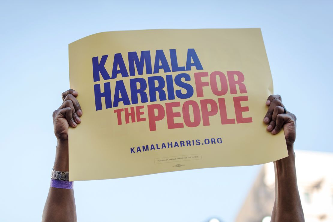 An attendee holds a placard as Senator Kamala Harris, a Democrat from California, not pictured, speaks during an event to launch presidential campaign in Oakland, California, U.S., on Sunday, Jan. 27, 2019.