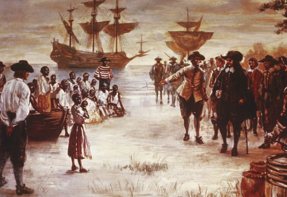 An engraving shows the arrival of a Dutch slave ship with a group of African slaves for sale in Jamestown, Virginia, in 1619. 