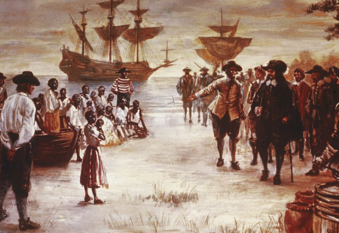 An engraving shows the arrival of a Dutch slave ship with a group of African slaves for sale in Jamestown, Virginia, in 1619.