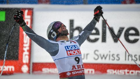Svindal looks skywards after the men's downhill