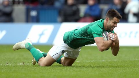 Conor Murray of Ireland touches down against Scotland.