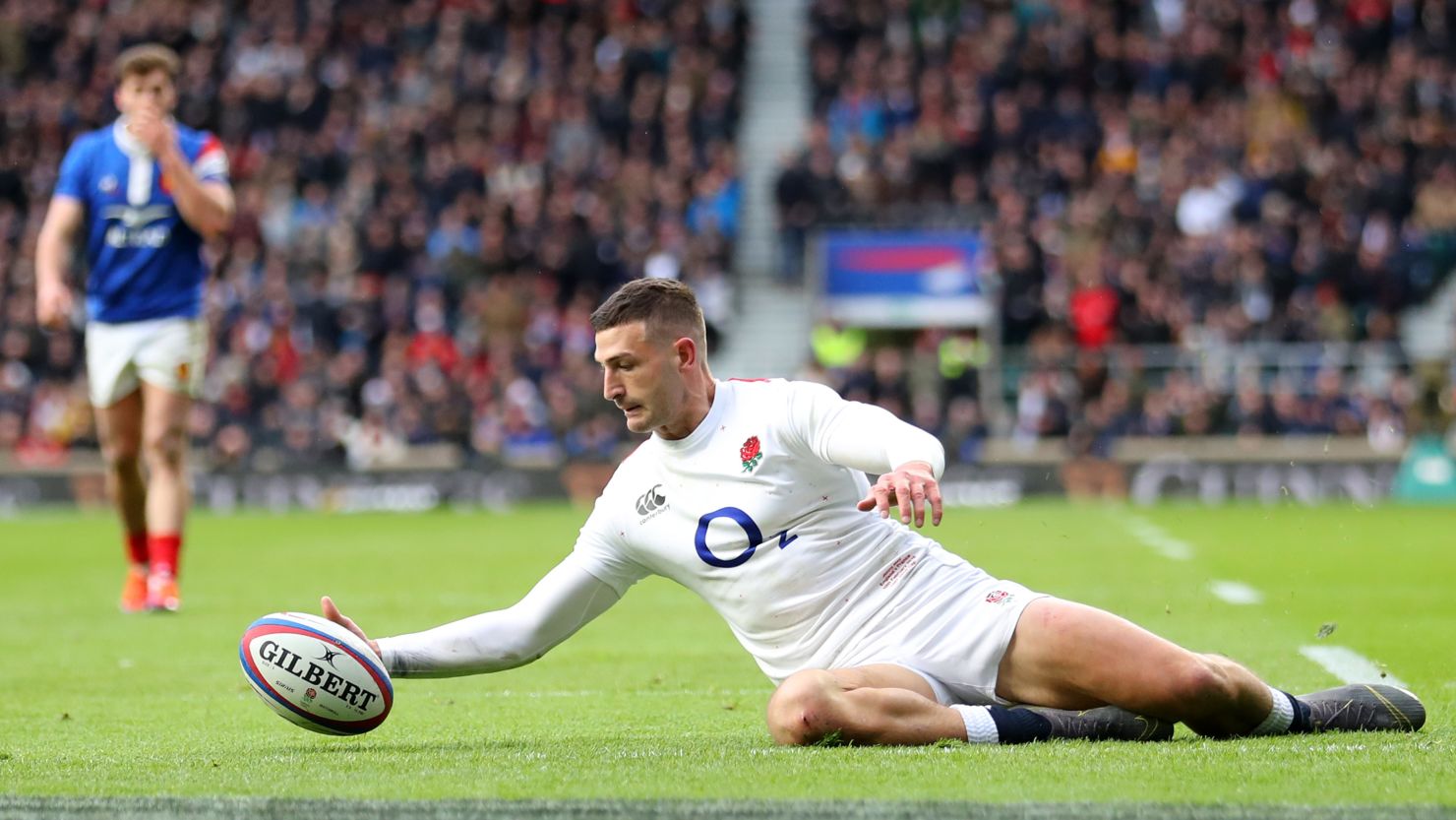 Jonny May touches down for England.