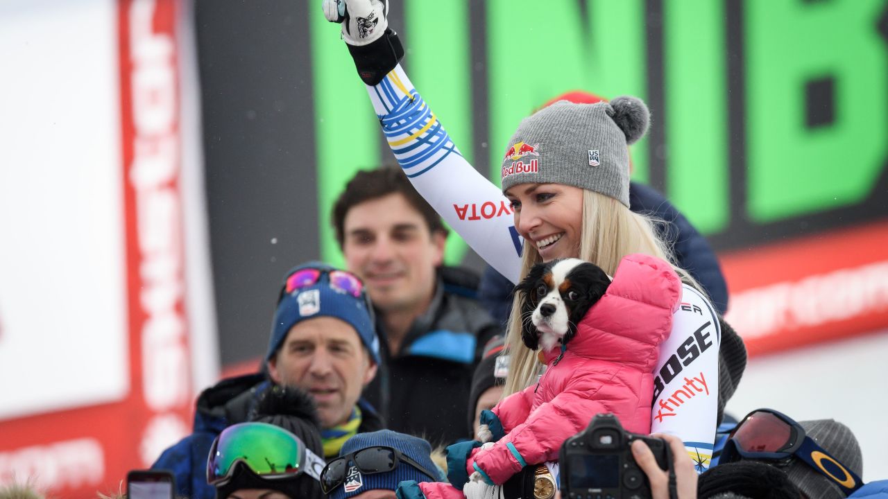 Vonn with one of her dogs after her final downhill.