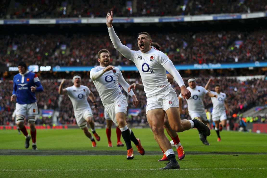 Jonny May celebrates scoring his sides first try against France.