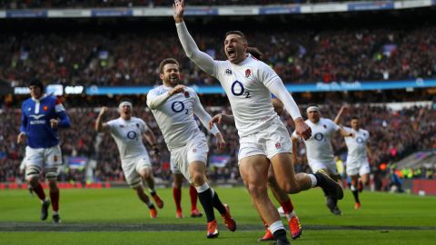 Jonny May celebrates scoring his sides first try against France.
