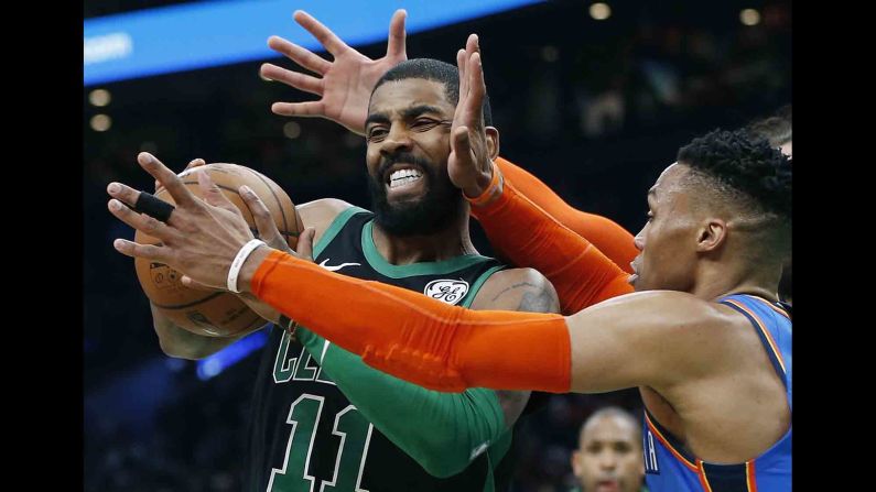 It looks like someone's giving Kyrie Irving moose antlers as the Boston guard drives to the basket against Oklahoma City on Sunday, February 3.