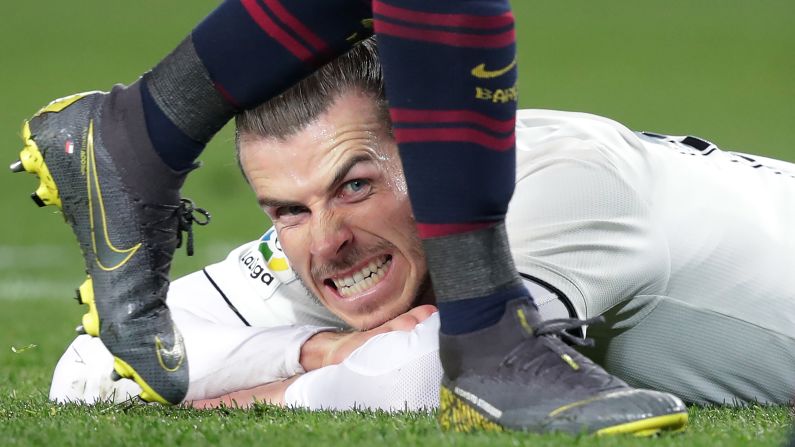 Real Madrid star Gareth Bale grimaces during a Copa del Rey semifinal match against Barcelona on Wednesday, February 6. The match ended 1-1.