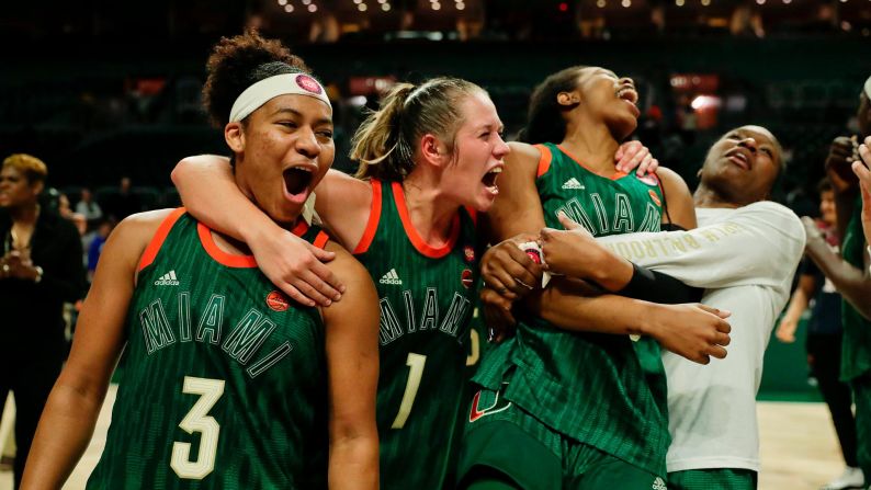 Miami basketball players celebrate after upsetting Notre Dame 72-65 on Thursday, February 7.
