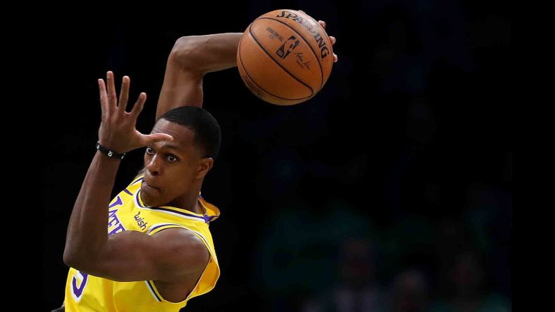 Los Angeles Lakers guard Rajon Rondo catches a pass during an NBA game in Boston on Thursday, February 7.
