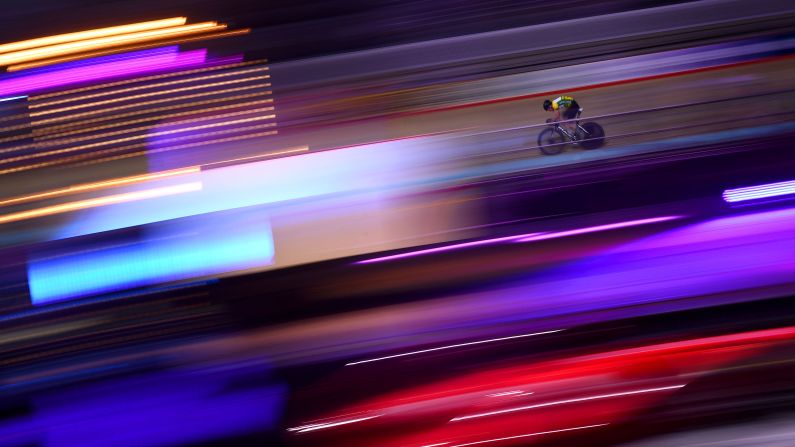 Australian cyclist Joshua Harrison competes in the Six Day Series in Melbourne on Thursday, February 7. This photo was taken with a slow shutter speed.