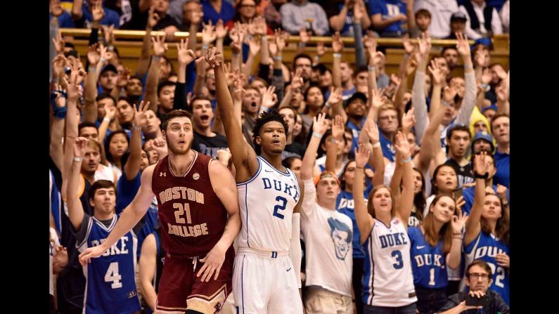 Duke fans watch a Cam Reddish 3-pointer drop into the net during an ACC game against Boston College on Tuesday, February 5.