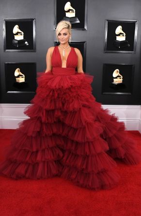 Bebe Rexha chose a ruffled ball gown for the red carpet. in January, one of Rexha's Instagram posts went viral after she called out designers who refused to dress her because she's "too big."