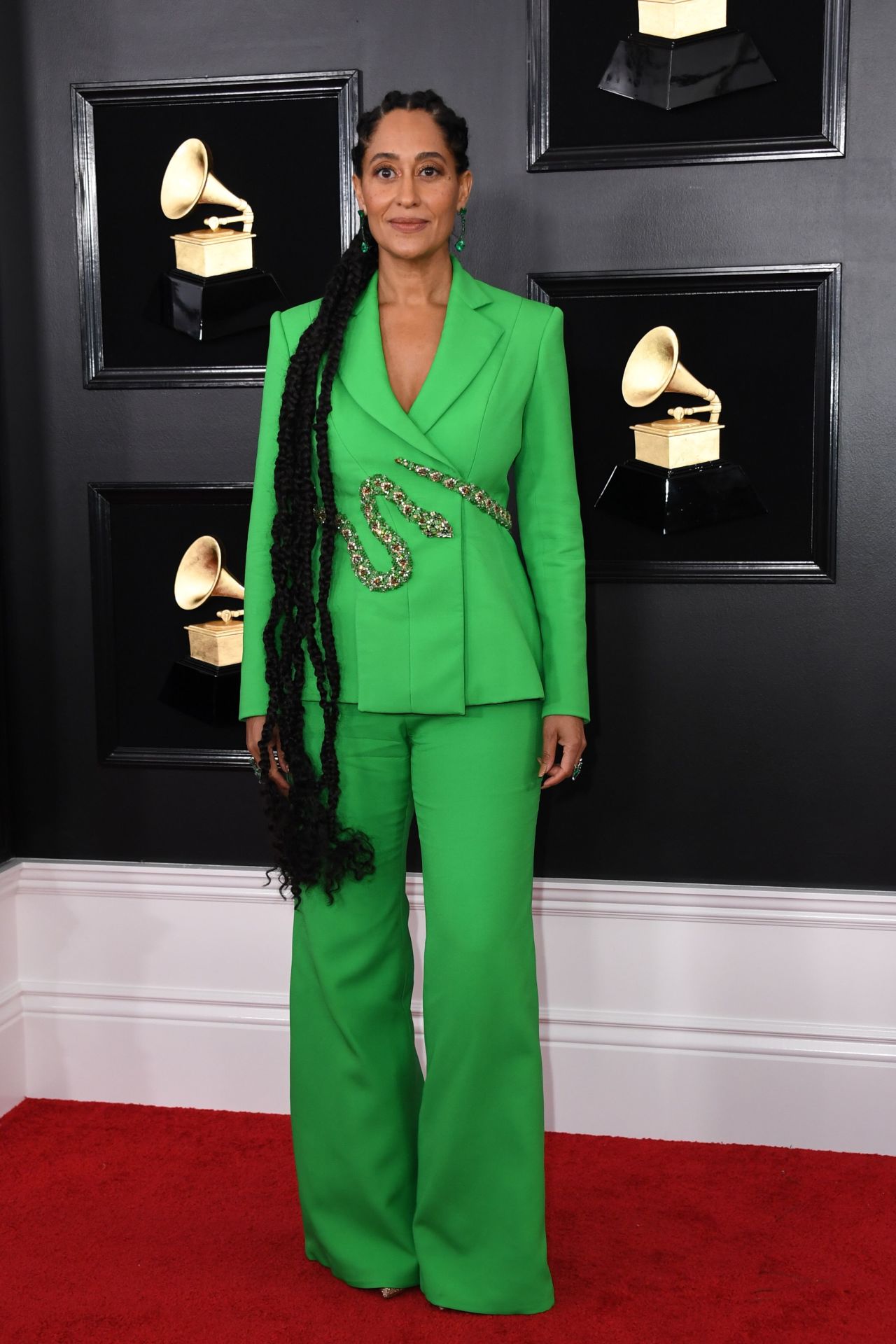 Actress Tracee Ellis Ross arrived at the Grammys in a green Ralph & Russo pantsuit. <br />