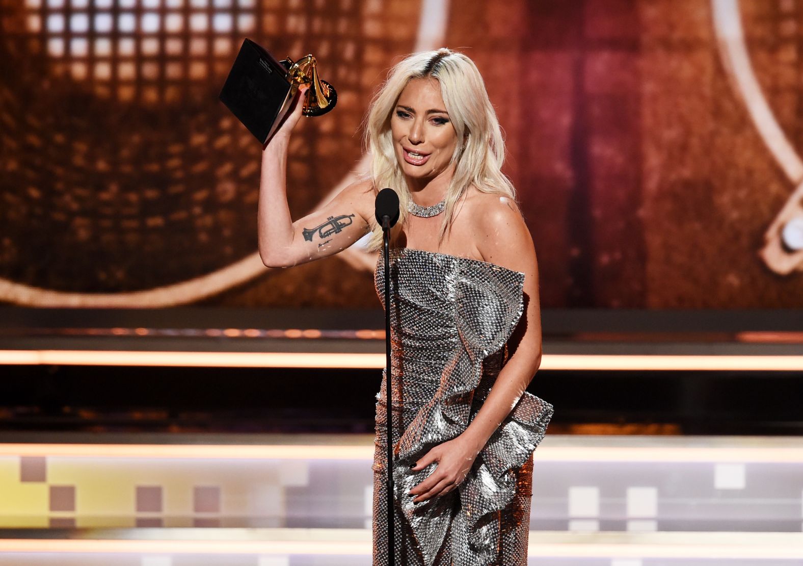 Lady Gaga won the first award of the prime-time broadcast. Her song "Shallow," with Bradley Cooper, won best pop duo/group performance.