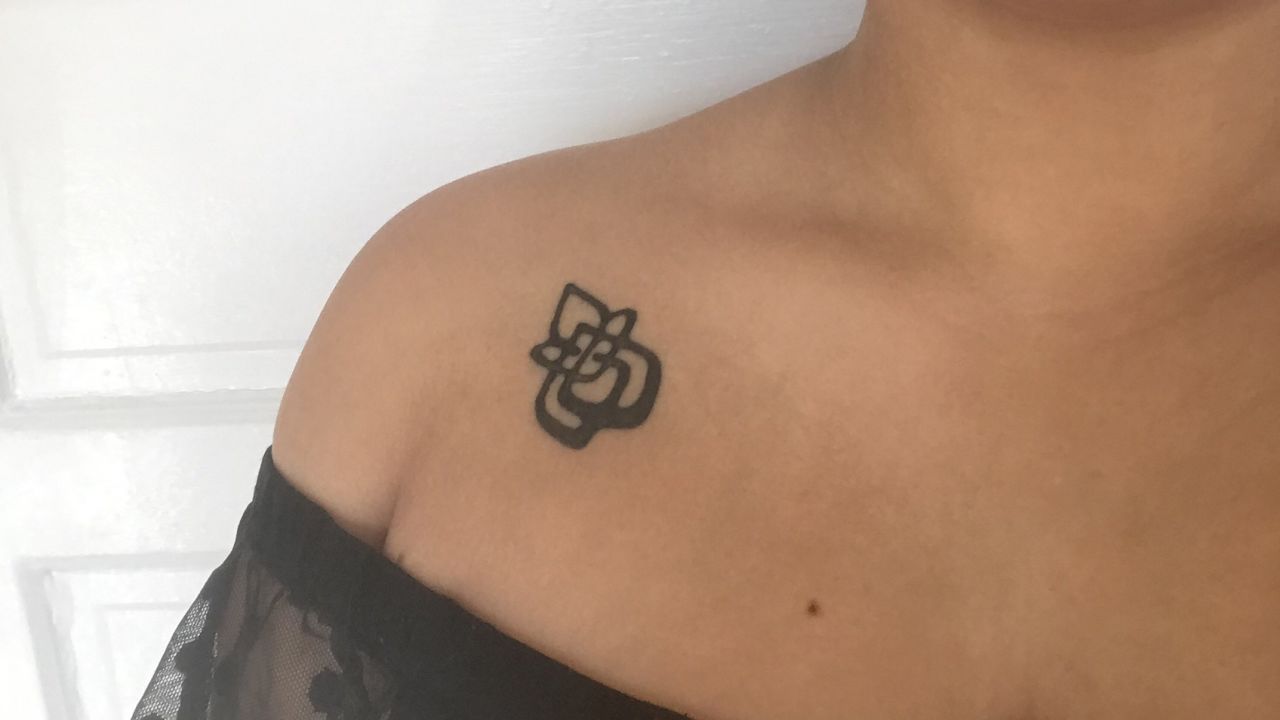 Cierra Barefoot, 22, was sexually assaulted at 13. This tattoo gives her power over her story, she said. "And it means something: being a survivor instead of being a victim." Barefoot was inspired by pop star Lady Gaga, who invited 50 survivors on stage during her 2016 Oscar performance of "Till It Happens to You," a song she co-wrote for the CNN documentary on sex assaults, "The Hunting Ground." Lady Gaga and some of the survivors got matching tattoos as a sign of unity. Since then, the geometric rose design has become a symbol for sexual assault survivors.