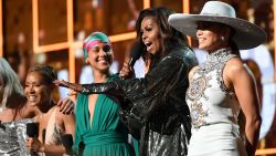 LOS ANGELES, CA - FEBRUARY 10:  (L-R) Lady Gaga, Jada Pinkett Smith, Alicia Keys, Michelle Obama, and Jennifer Lopez speak onstage during the 61st Annual GRAMMY Awards at Staples Center on February 10, 2019 in Los Angeles, California.  (Photo by Emma McIntyre/Getty Images for The Recording Academy)