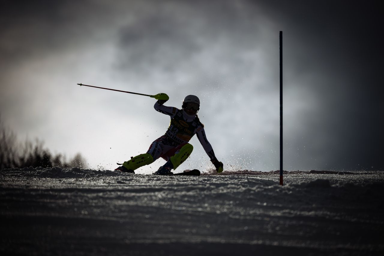 The silhouette of Gabriela Capova stands out as she competes in the slalom event in Maribor.