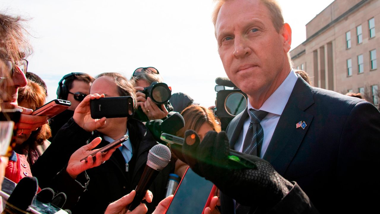 Acting Secretary of Defense Patrick Shanahan (R) speaks with reporters as he awaits the arrival of NATO Secretary General Jens Stoltenberg at the Pentagon in Washington, DC, on January 28, 2019. (Photo by Jim WATSON / AFP)        (Photo credit should read JIM WATSON/AFP/Getty Images)