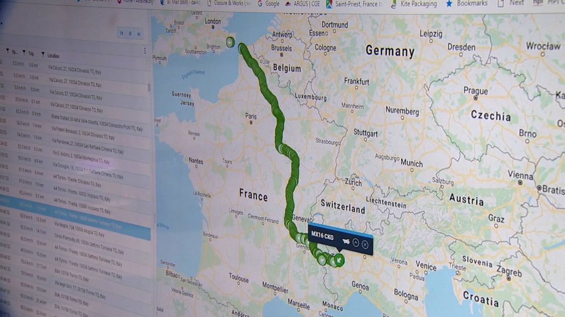 A computer screen shows Gordon Terry's route from Italy to Britain.