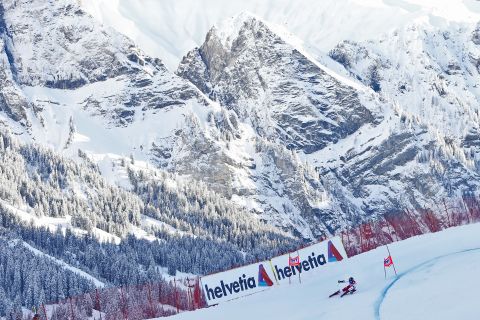 Marcel Hirscher flies round a bend during a winning run at the picturesque Adelboden.