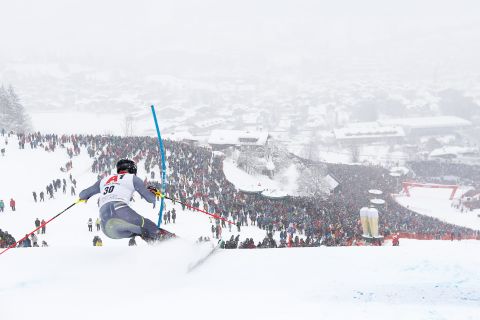 Jonathan Nordbotten slaloms towards the Kitzbuhel faithful on a snow-filled day in Austria.