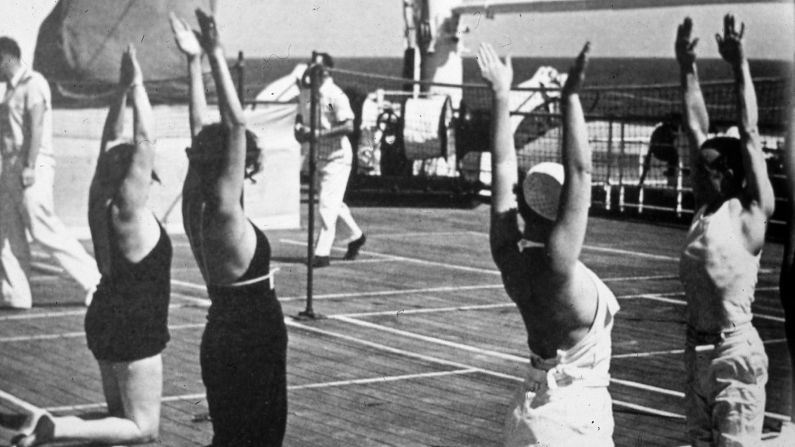 <strong>Onboard exercise</strong>: No need for an onboard gym when you can indulge in some al fresco calisthenics -- preferably wearing a jaunty hat.