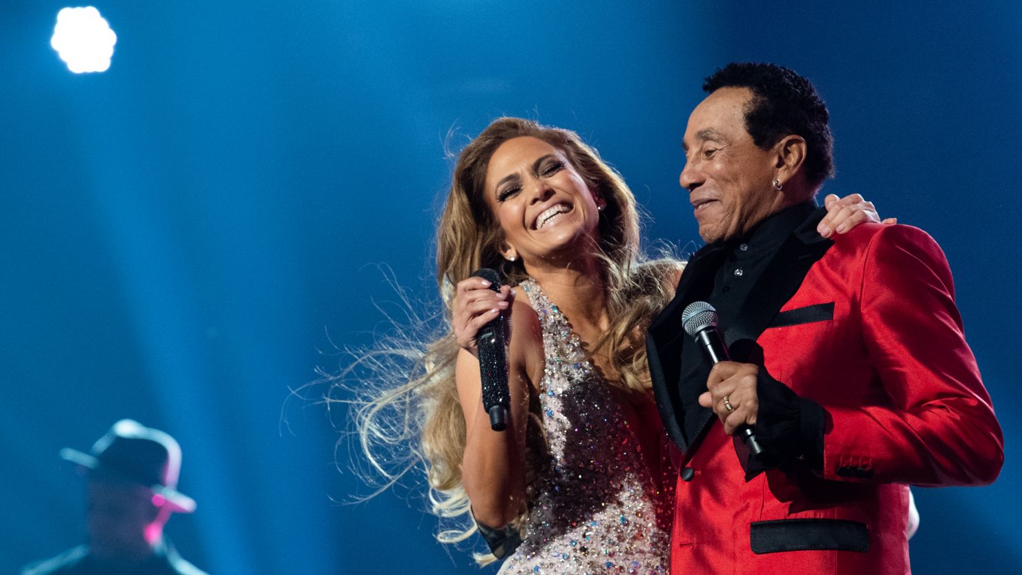 Jennifer Lopez and Smokey Robinson perform onstage at the 61st annual Grammy Awards at Staples Center in Los Angeles on Sunday. 