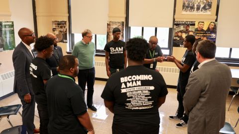 Bill Gates meets in September 2018 with a discussion group in Chicago organized by Youth Guidance's Becoming A Man, a program that helps at-risk young men explore their emotions and develop decision-making skills.