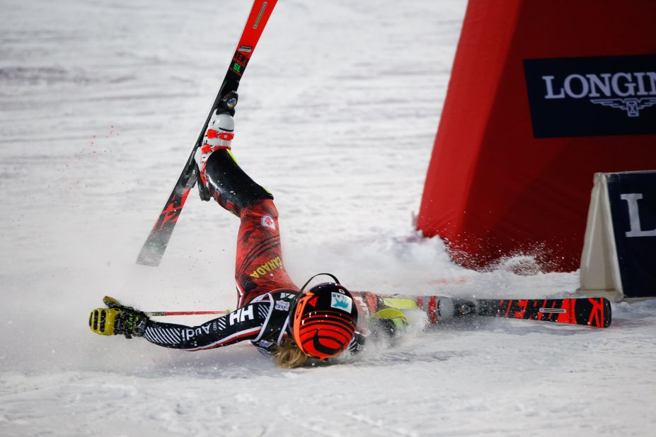 Canada's Erin Mielzynski ends up on her back during the women's slalom in Zagreb.
