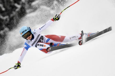Swiss skier Luana Fluetsch appears almost flat on the snow as she competes in the super-G in Garmisch.