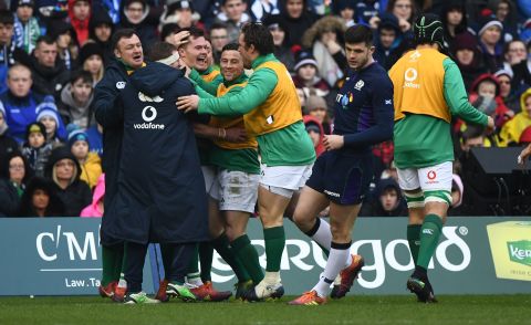 Jacob Stockdale celebrates his first try of the campaign and his team's first win after overcoming Scotland in a tight affair at Murrayfield.