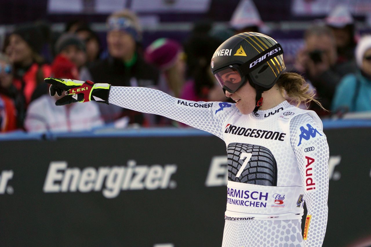 Italy's Sofia Goggia celebrates finishing second in the women's downhill in Garmisch.