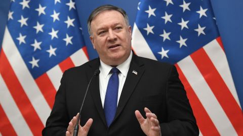 US Secretary of State Mike Pompeo addresses reporters February in Budapest, Hungary.