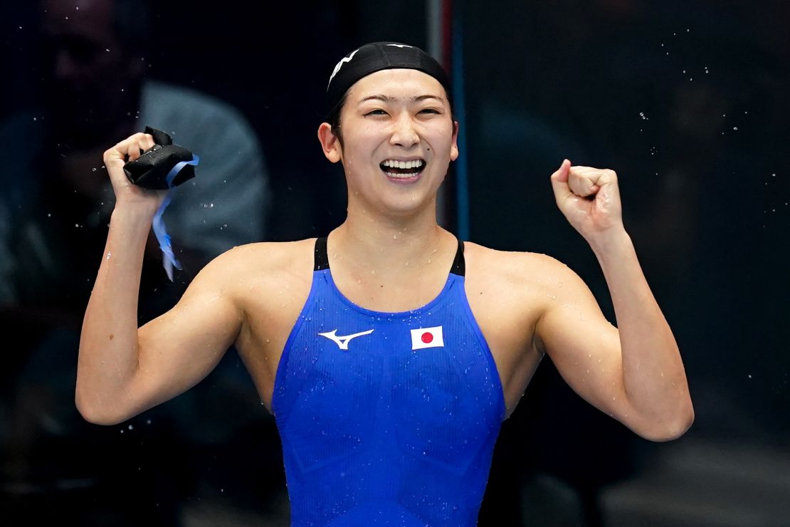 Rikako Ikee of Japan celebrates after winning the  50m freestyle at the Asian Games.