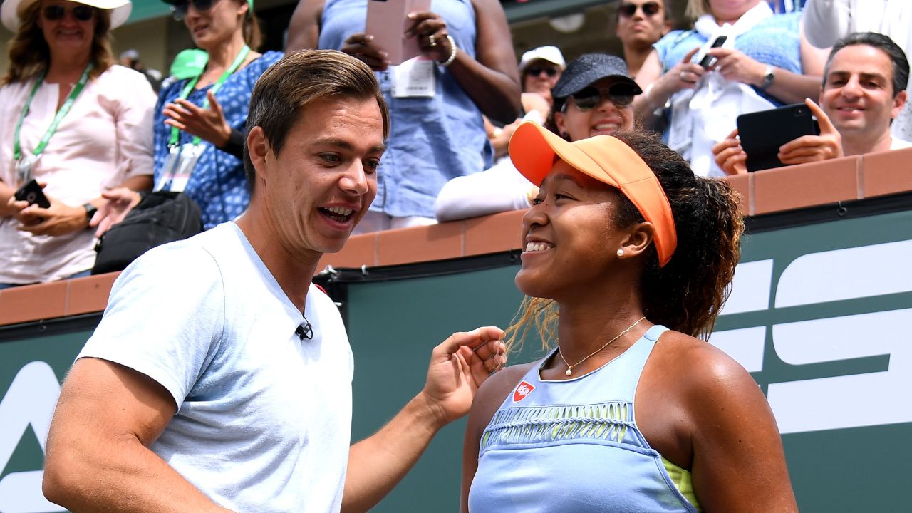 Osaka pictured celebrating victory at Indian Wells with Bajin 