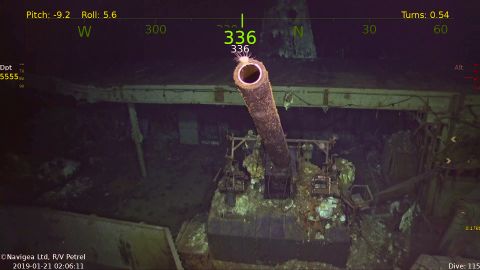 This image taken from a undersea robotic vehicle shows a gun on the newly discovered USS Hornet.